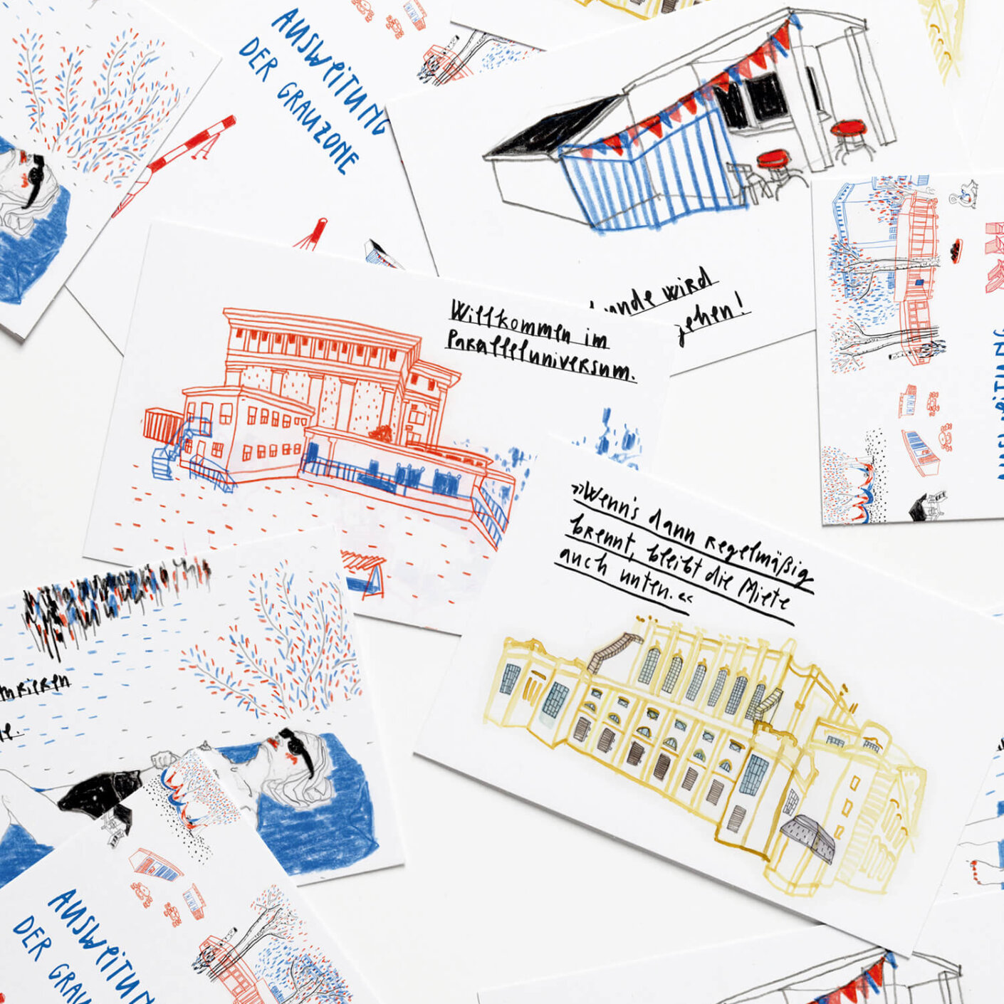 Matrosenhunde Postkarten Görlitz, Ausweitung der Grauzone, Sachsen, Kühlhaus, Zettel und Stift Residenz, Matrosenhunde unterwegs, Matrosenhunde, Textgestaltung, Studio, Berlin, Illustration und Text aus Berlin, Künstlerinnenkollektiv, Kunstprojekte, Illustrationskunst, Alltagspoesie, Kunstkarten, Madeleine Penny Potganski, Fine Heininger, Postkarten, Karten, Kunstkarten