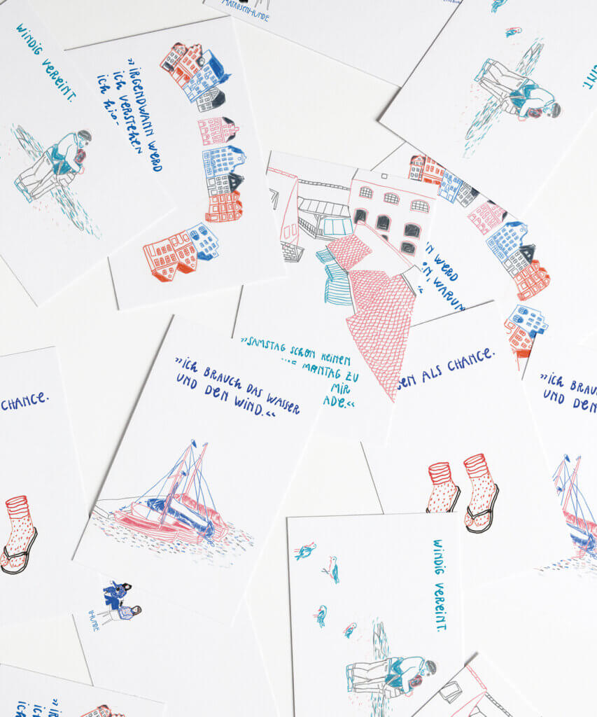 Lieb sein als Prinzip, Matrosenhunde unterwegs, Flensburg, Galerie Kruse, Schleswig Holstein, Matrosenhunde, Textgestaltung, Studio, Berlin, Illustration und Text aus Berlin, Künstlerinnenkollektiv, Kunstprojekte, Illustrationskunst, Alltagspoesie, Kunstkarten, Madeleine Penny Potganski, Fine Heininger, Postkarten, Karten, Kunstkarten