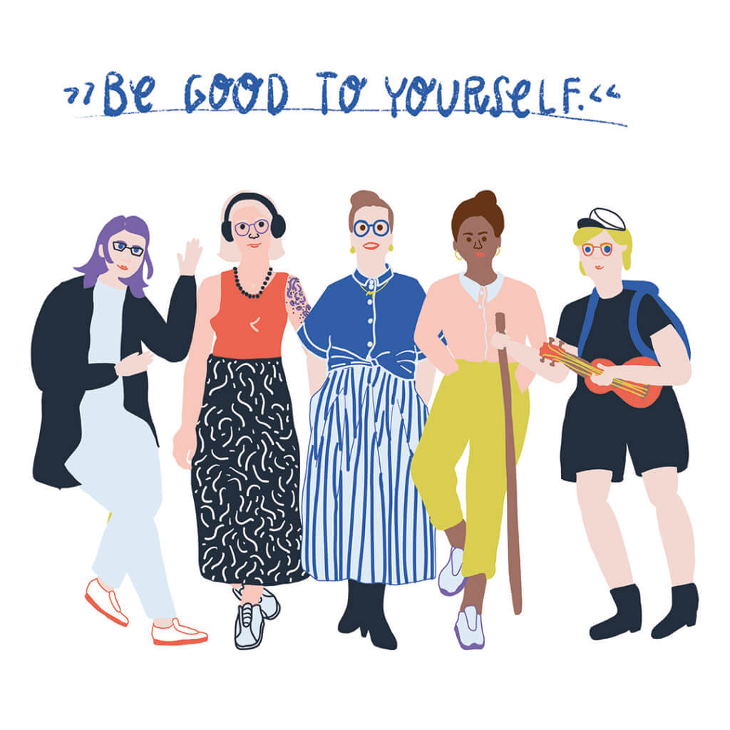 Be good to yourself. Matrosenhunde, Wochenkalender, Team, Unterstützung, Flinta*, Selfcare ist Arbeit, gemeinsam, Freundinnen, Selbstfürsorge, Illustration