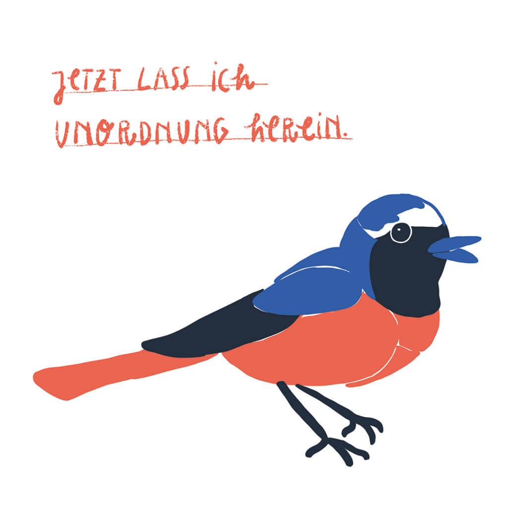 Jetzt lass ich Unordnung herein, Matrosenhunde, Illustration, Wochenkalender, Vogel, Gartenrotschwanz, Unordnung, zulassen, Fünfe gerade sein lassen, laissez-faire, Akzeptanz