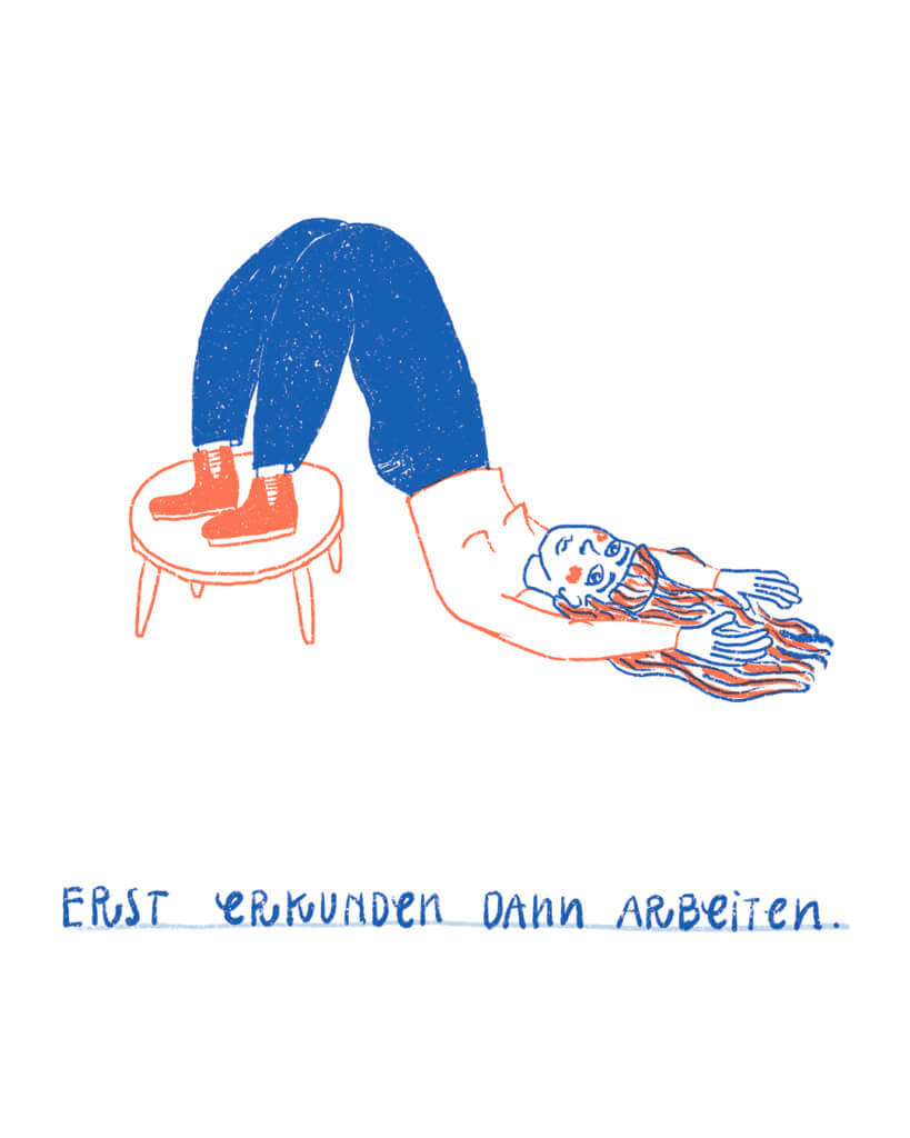 Erst erkunden, dann arbeiten. Matrosenhunde, Illustration, Frau, Fl*nta, Yoga, Pilates, auf dem Boden liegen, Füße hoch, Dehnübung, verbiegen, strecken, Perspektive wechseln, Hocker