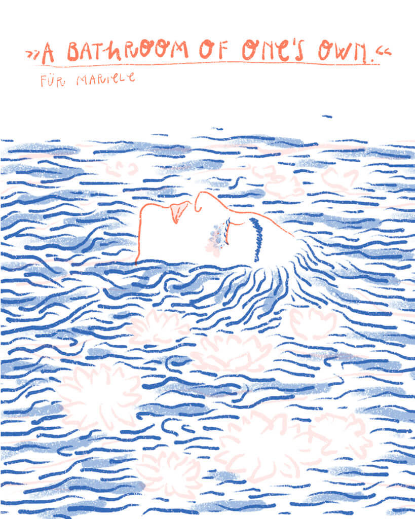 A bathroom of one's own, Matrosenhunde, Illustration, Frau, Flinta*, Haare, Wasser, schwimmen, baden, Blumen, Lotis, Entspannung, meetime, alleine, gutes Alleinesein, zeit für mich