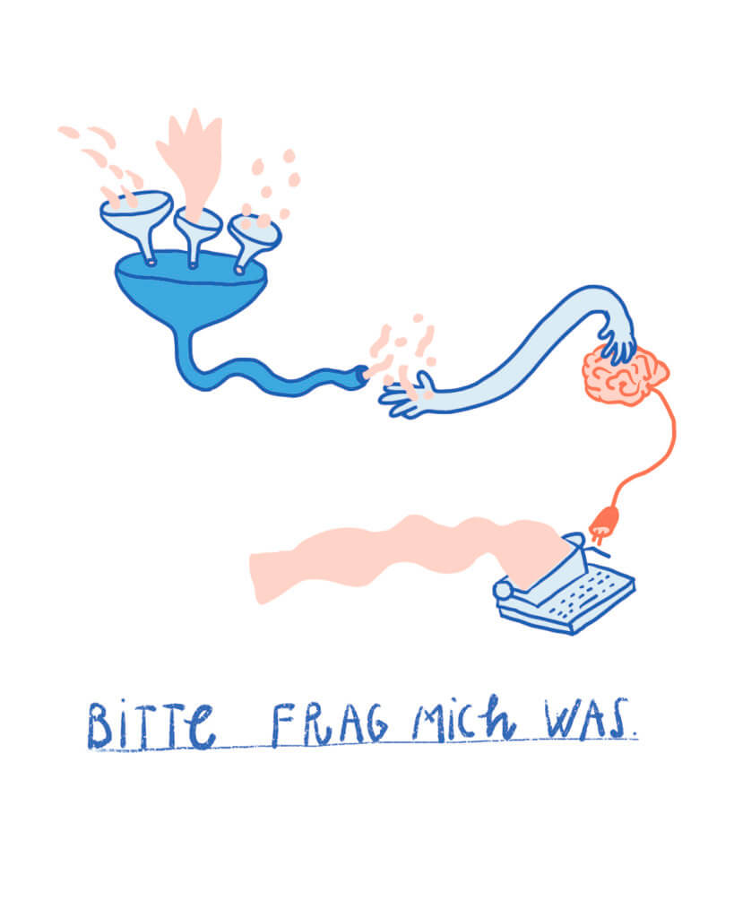 Bitte frag mich was, Matrosenhunde, illustration, Wochenkalender, fragen, maschine, denken, input, output, denkmaschine, Denkfabrik, Fragenkatalog, Kommunikation,