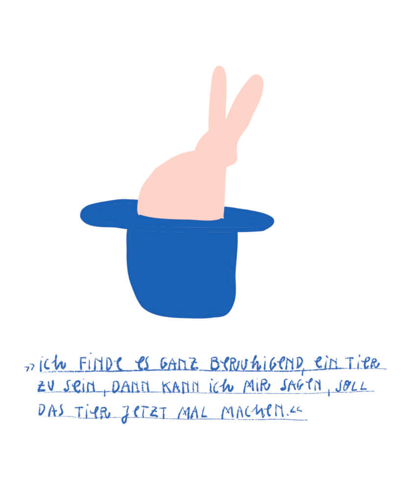 »Ich finde es ganz beruhigend, ein Tier zu sein, dann kann ich mir sagen, soll das Tier jetzt mal machen.«, Matrosenhunde, Illustration, Wochenkalender, Kaninchen, Hut, Tier, Motivation, inneres Tier, Krafttier, Beruhigung, getting things done,