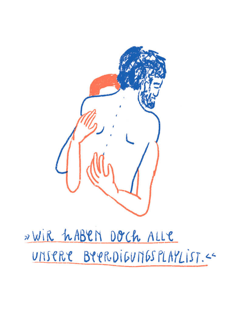 Matrosenhunde, Wochenkalender, Illustration, Beerdigungsplaylist, Paar, Umarmung, Trauer, Vorsorge, Leben, Tod, Liebe, Verlust, Imagination, Vorstellung, Fantasie,