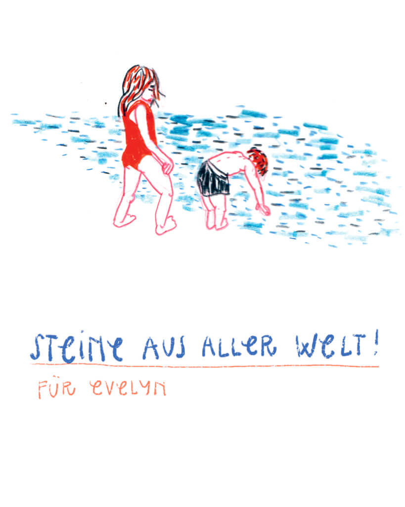 Steine aus aller Welt! Für Evelyn, Matrosenhunde, Illustration, Wochenkalender, Strand, Steine suchen, Kinder, Spielen, Wellen, Brandung, Urlaub, Badeanzug, Badehose,