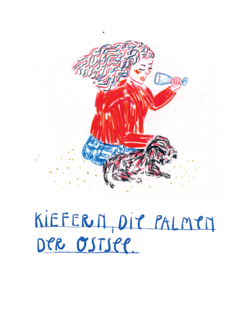 Matrosenhunde, Wochenkalender, illustration, Kiefern, Palmen, Ostsee, Hund, Sekt, Frau, Flinta*