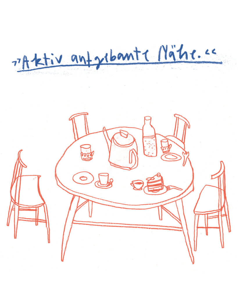 Matrosenhunde, Wochenkalender, Illustration, aktiv aufgebaute Nähe, Tisch, Stühle, Kaffeetafel, Café, Teekanne, Torte, Kuchen, Geschirr, Gäste, Freundinnen, Freunde