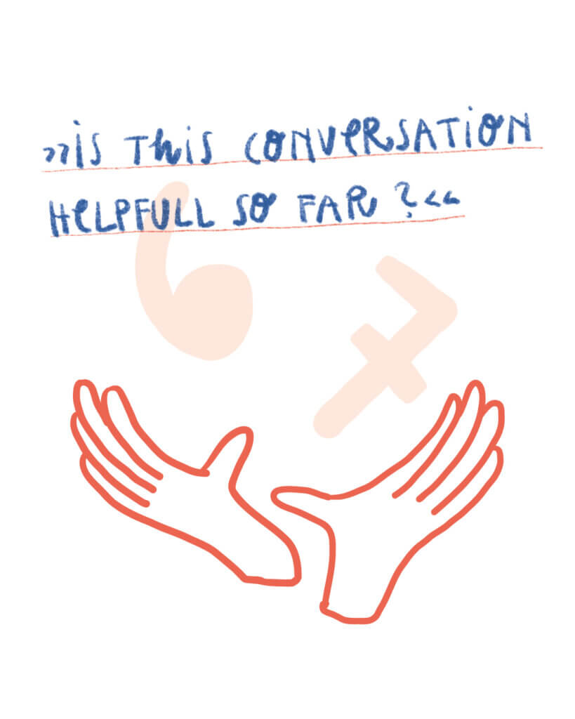 Matrosenhunde, Wochenkalender, Illustration, text, Bild, Zeichnung, "Is this conversation helpful so far?" Hände, Abwägen, 67, hinterfragen, Taktik, Kommunikation, Konversation, hilfreich,