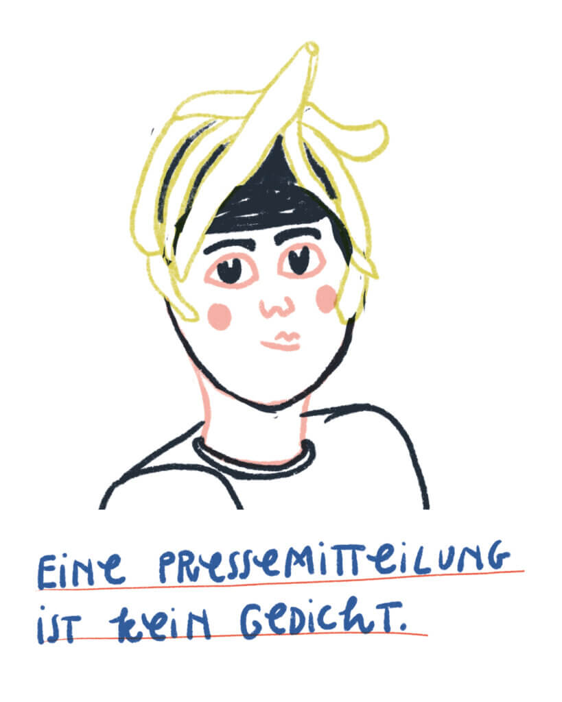 Matrosenhunde, Wochenkalender, Illustration, Eine Pressemitteilung ist kein Gedicht. Porträt, Banane, Gedanken, Bananenschale, Pressemitteilung, Gedicht, Lyrik, Zeichnung, Zusammenhänge, Kontext