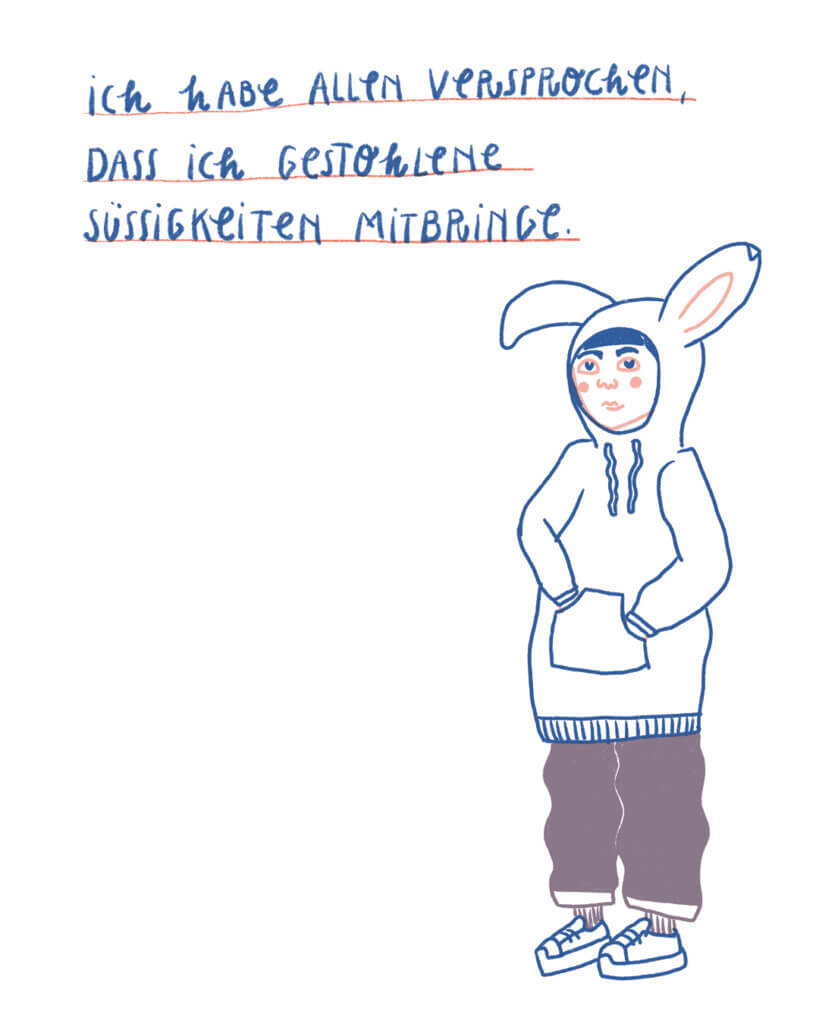 Matrosenhunde, Wochenkalender, Illustration, Ich hab allen versprochen, dass ich gestohlene Süßigkeiten mitbringe. Hasenohren, Kapuze, Kapuzenpulli, Süßigkeiten, Versprechen, gestohlen, kleines Vergehen, Kitagangster, Kleinstverbrechen