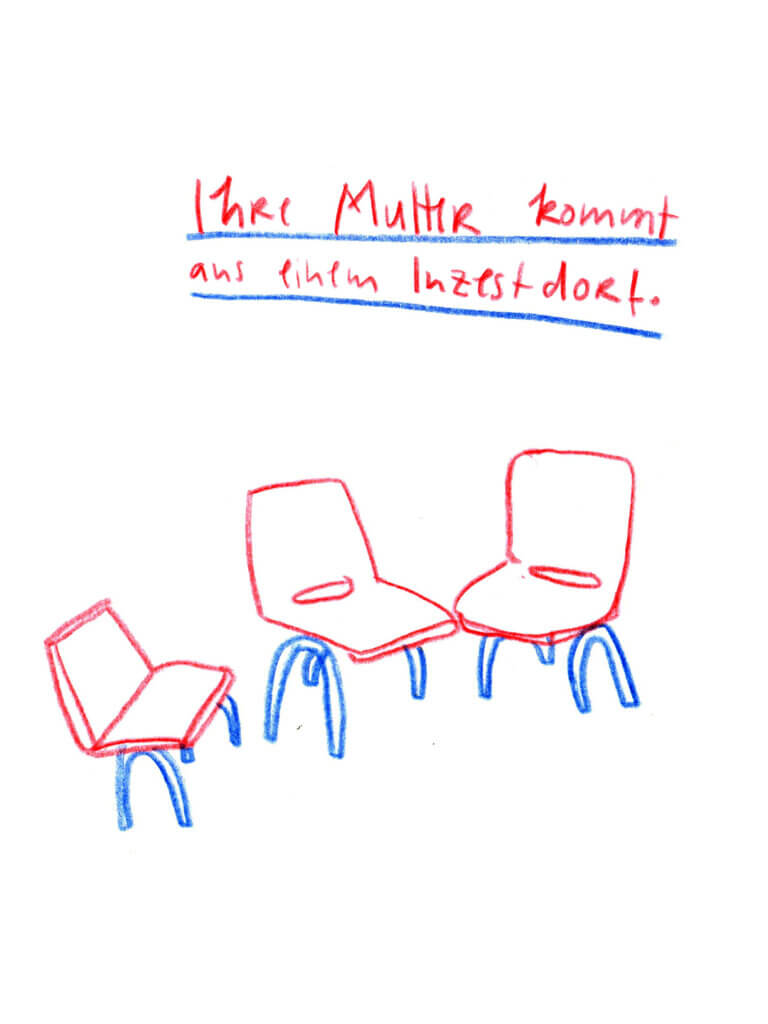 Ihre Mutter kommt aus einem Inzestdorf, Wochenkalender, Matrosenhunde, Illustration, Landleben, Dorf, Stühle, Verwandschaft, Leben, Gemeinschaft, Herkunft, Familie, Geschichte